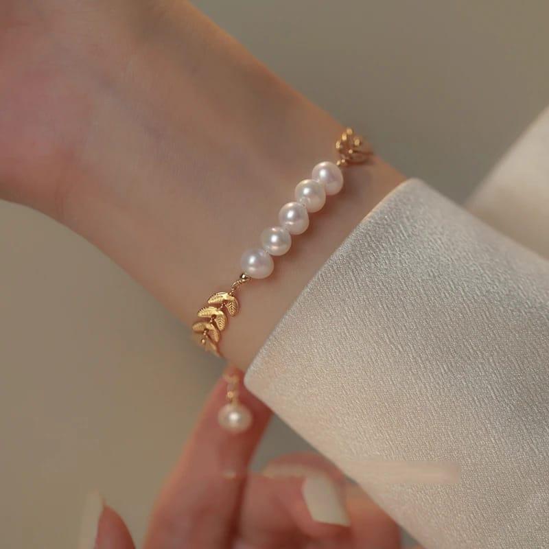 Leaf Pearl Gold Bracelet For Girl