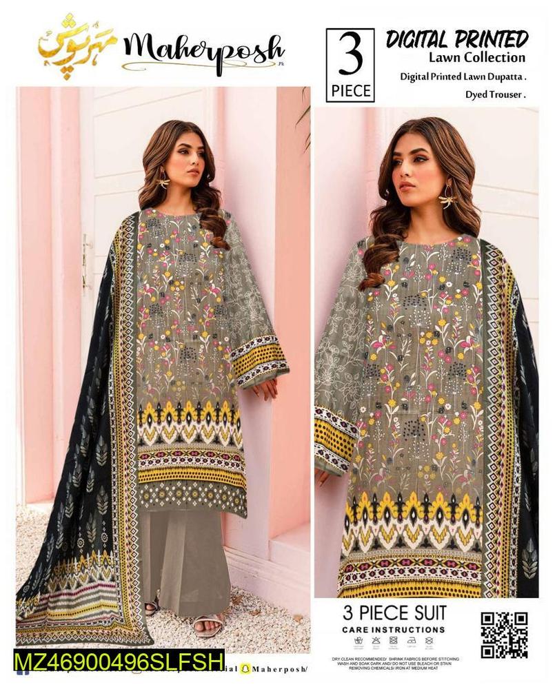 3 Pcs Women's Unstitched Lawn Printed Suit